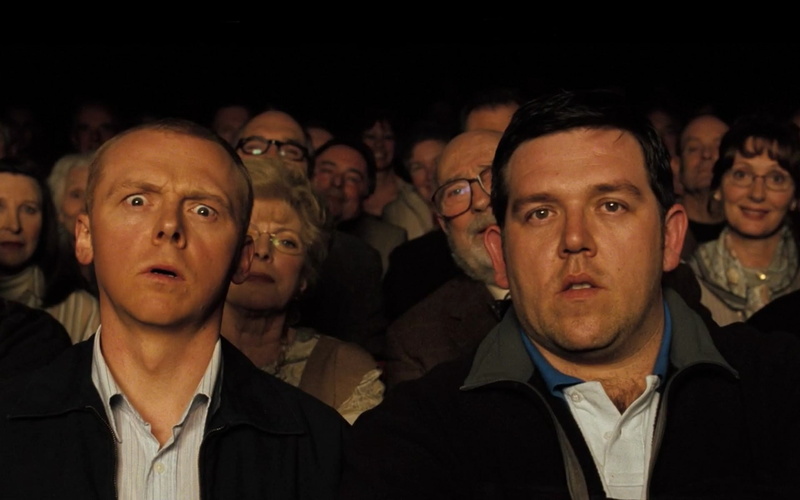 Simon Pegg, men, group of people, crowd, mouth open, white, Nick Frost, 1080P, movies, adult, mid adult, watching, looking, headshot, collared, large group of people