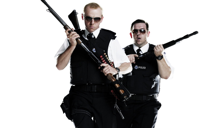 1080P, glasses, Fuzz, gun, Hot Fuzz, Simon Pegg, weapons, Nick Frost, police