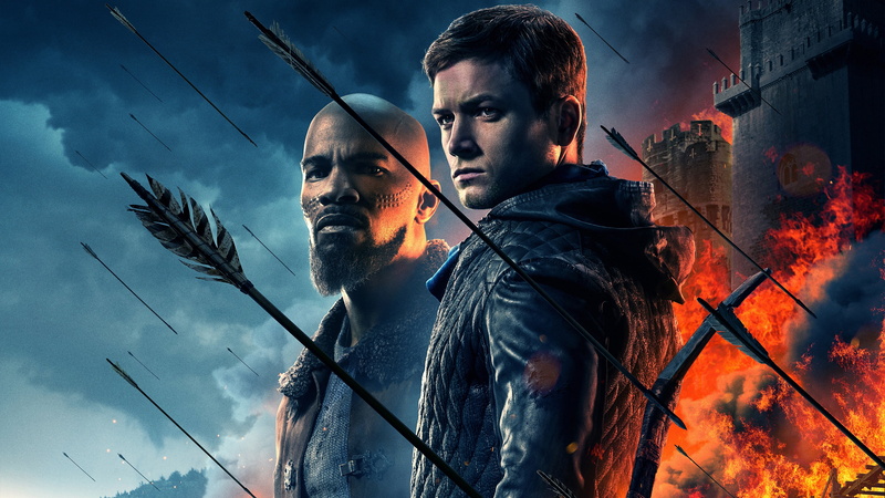 adventure, Taron Egerton, Robin Hood: The Beginning, bow, arrows, 4K, smoke, Of Taron Egerton, background, Robin Hood, fortress, poster, Jamie Foxx, fire
