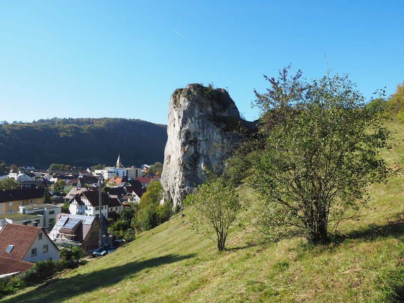 land, blaubeuren, building exterior, built structure, city, blue, no people, rock, tree, idyll, building, jerk, nature, metzger rock, day, outdoors, plant