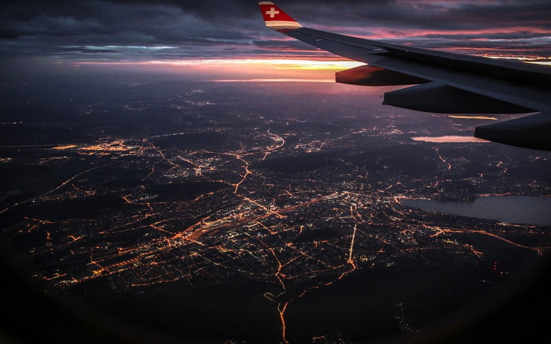 sunset, flying, window, nature, clouds, aerial view, landscape, airplane, lights, 480P, cityscape, sky
