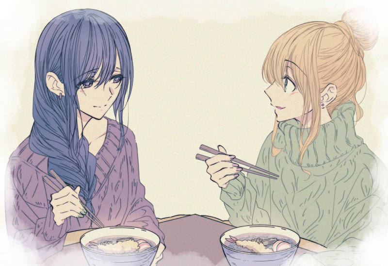anime girls, purple eyes, noodles, chopsticks, Citrus (manga), anime, long hair, 1080P, yuri, dark hair