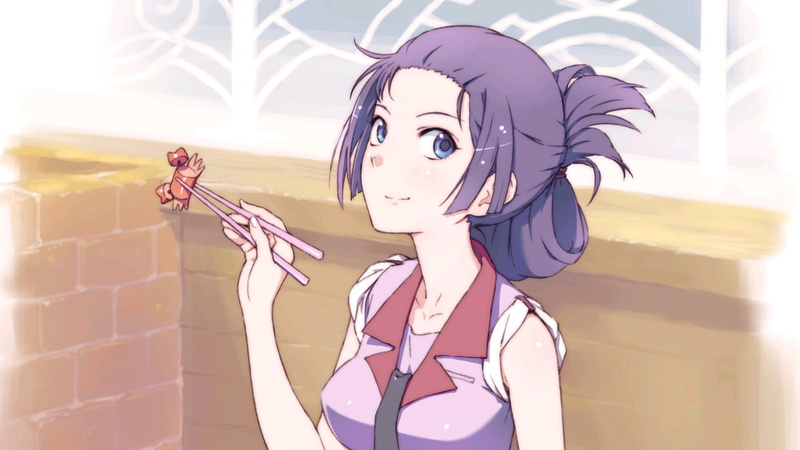 1080P, Senjougahara Hitagi, chopsticks, Monogatari Series, anime girls
