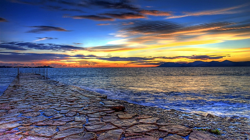 1080P, ocean, keep, wave, simple, 3d and abstract, path, colorful, clouds, rocks