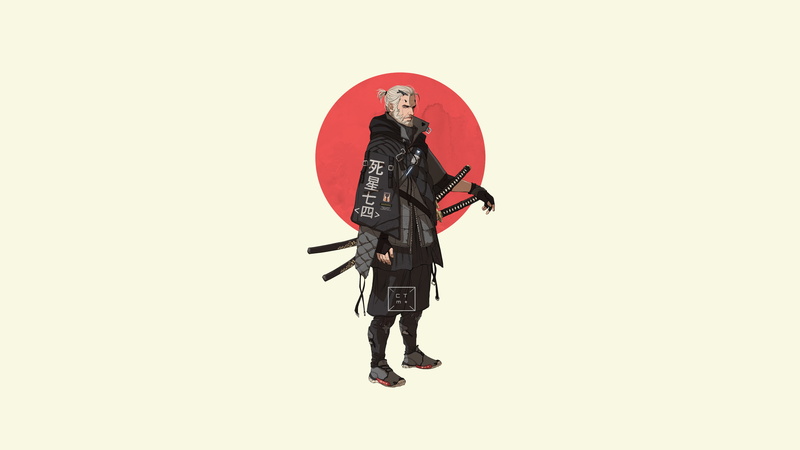 4K, minimalism, Geralt of Rivia, simple background, Japanese characters, The Witcher, katana