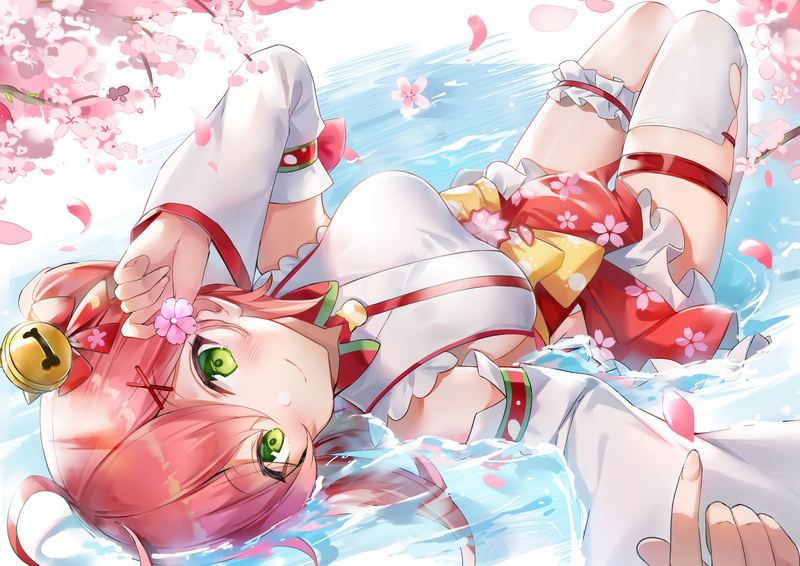 2K, Ginn, legs, bell, pink hair, anime, green eyes, Sakura Miko, Hololive, dress, anime girls