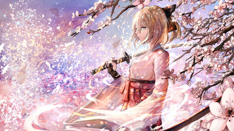 Sakura Saber, miko, Fate Series, katana, cherry blossom, anime, FateGrand Order, 4K, anime girls
