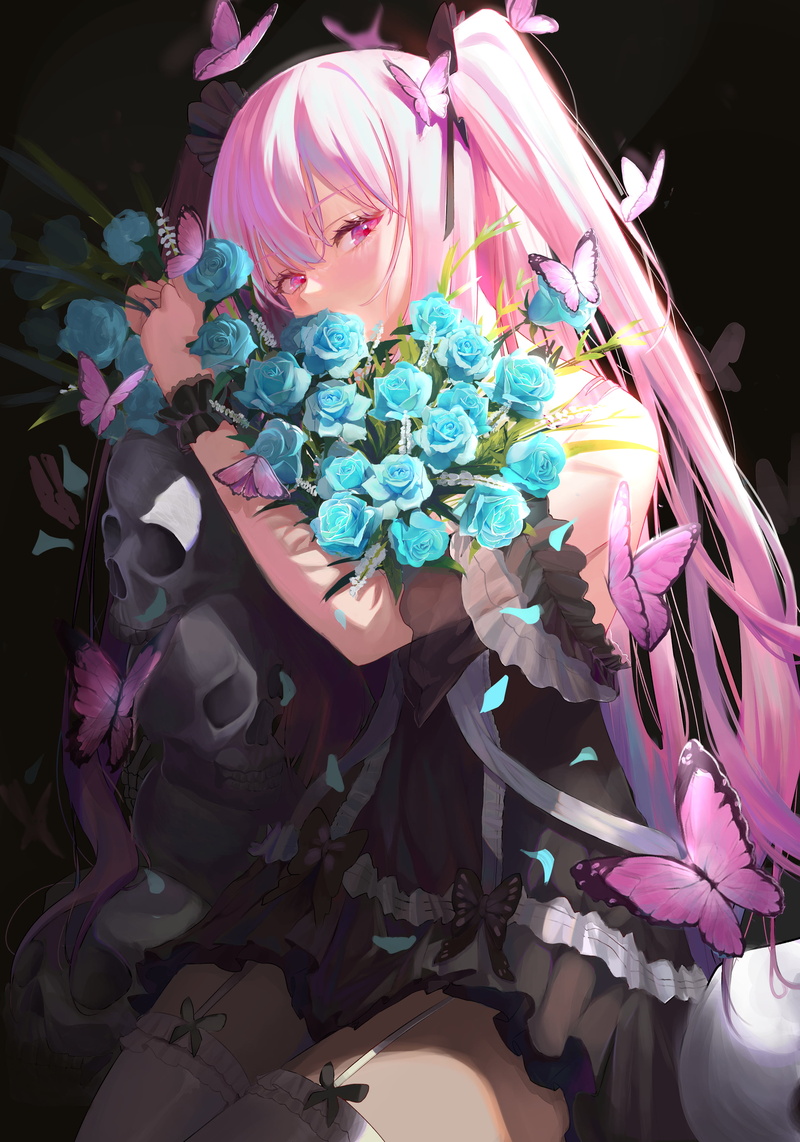 pink hair, butterflies, Pixiv, 2K, long hair, anime, Uruha Rushia, Cherrymaru8, fan art, Virtual Youtuber, flowers, looking at viewer