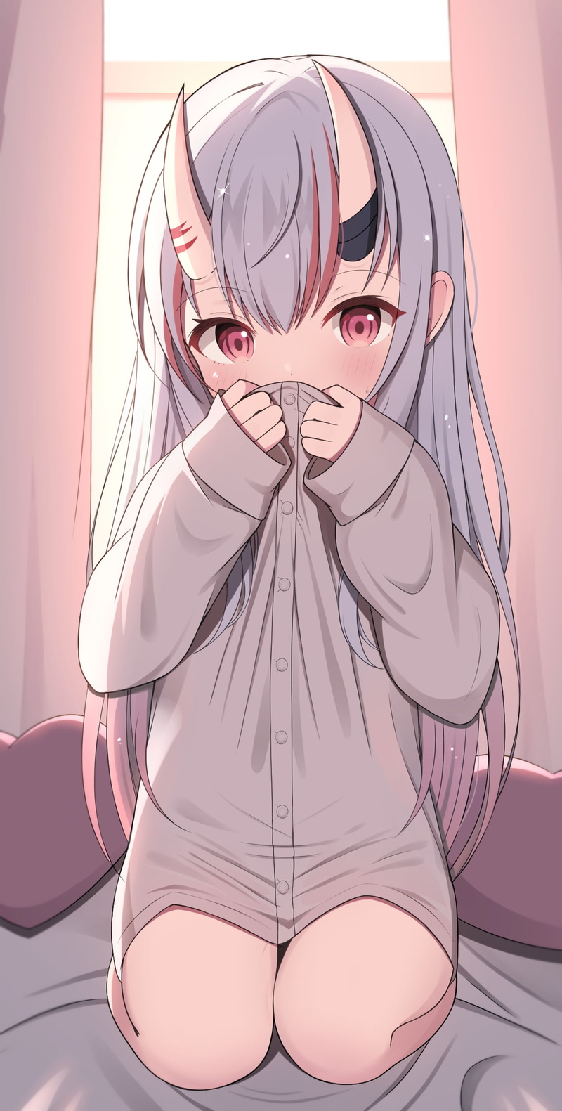 horns, Hololive, anime girls, vertical, kneeling, Starfox1015, Virtual Youtuber, anime, 1080P, Nakiri Ayame