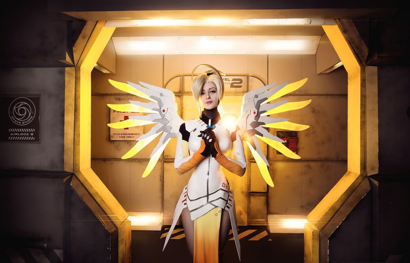 woman, blonde, girl, pretty, Mercy, blue eyes, sugoi, subarashii, mecha, bishojo, uniform, 1080P, oppai, Overwatch, cosplay, angel, seifuku, game