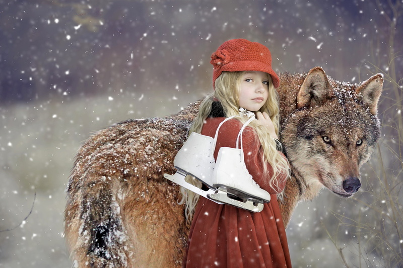friendship, girls, snowflakes, skates, fairy tales, mystical, offspring, domestic animals, clothing, snowing, rotkäppchen, 5K, christmas, friends, dangerous