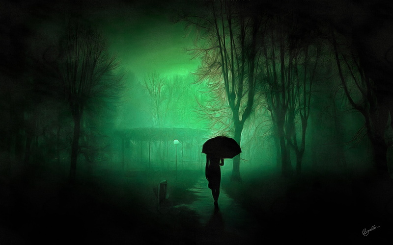 full length, nature, mystery, tree, plant, night, rain, 1080P, spooky, holding, silhouette, person, umbrella, wet, digital, forest, standing