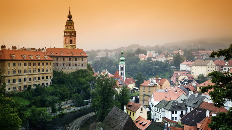 river, city, czech, castle, nature and landscapes, mist, republic, krumlov, 1080P, cesky, hill