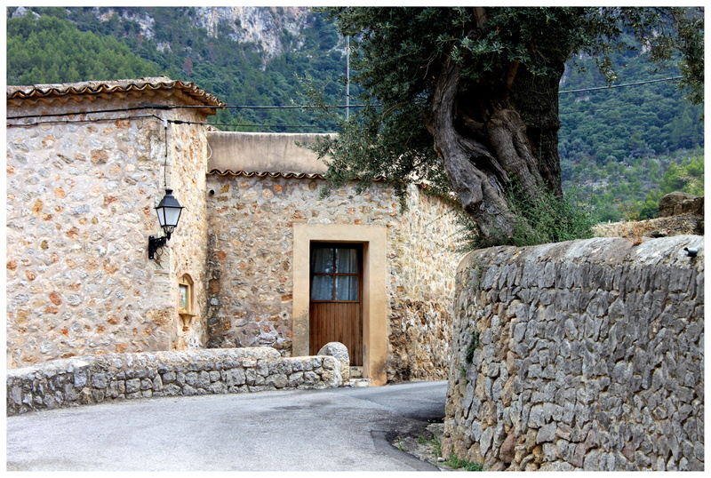 building Exterior, empty, door, spain, road, no people, stone wall, building, entrance, town, mountain, nature, outdoors, window, day, wall, home, tree