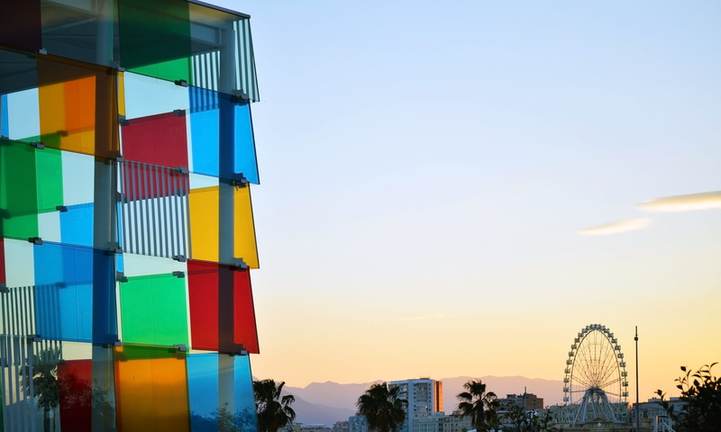 beautiful, day, malaga, ferris wheel, building exterior, festival, city, wheel, amusement park ride, landmark, travel, colorful, architecture, Malaga, Spain