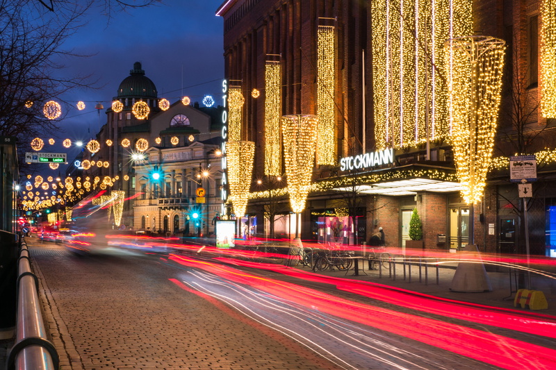 city lights, street, night, christmas light, 4K, stockmann, speed, motion, mode of transportation, finland, architecture, street light, long exposure