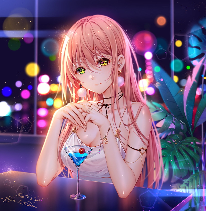 lights, long hair, drinking glass, drawing, artwork, 720P, portrait, necklace, anime, heterochromia, 2D, pink hair, digital art, Tidsean, earring, looking at viewer