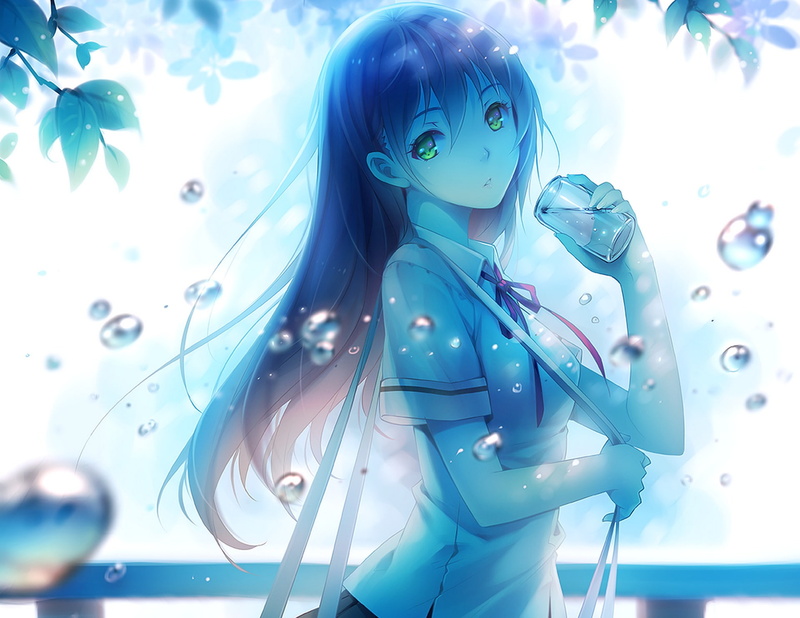 bubbles, 1080P, schoolgirl, girl, form, art, niya, branch, anime, tidsean, water