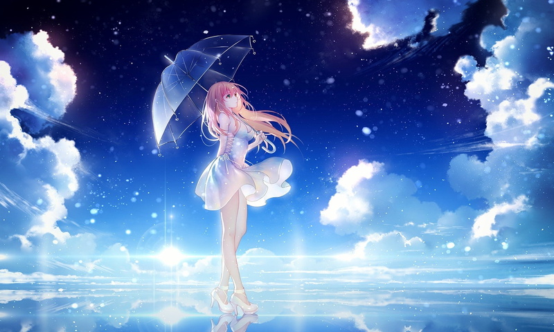 high heels, Tidsean, umbrella, dress, long hair, anime girls, open shirt, legs, anime, pink hair, 720P, clouds, sky