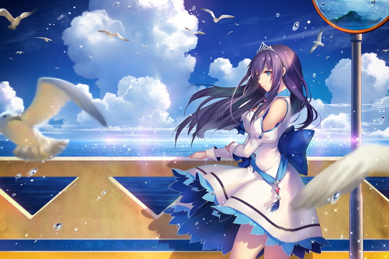 white dress, aqua eyes, water, 720P, tiaras, cleavage, birds, clouds, Tidsean, animal ears, black hair, long hair, sky