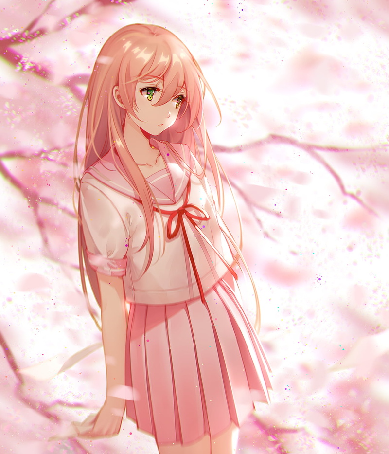cherry blossom, 2D, 720P, Tidsean, artwork, sailor uniform, schoolgirl, long hair, pink hair, illustration, digital art, women, looking away, drawing