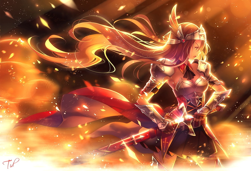 armor, leaves, hair, brown, tidsean, weapon, eyes, 720P, long, original, signed, sword, red
