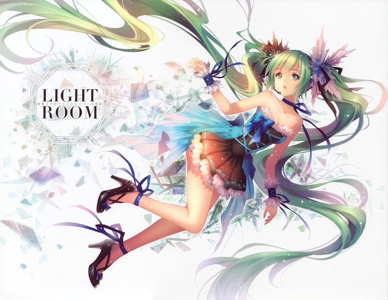eyes, long, hair, ribbons, tidsean, dress, green, scan, bow, miku, vocaloid, twintails, 2K, hatsune