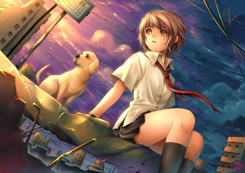 skirt, dog, hair, seifuku, tidsean, 720P, tie, eyes, brown, animal, original