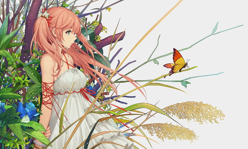 240529, orange, long, butterfly, hair, original, green, konachan, dress, tidsean, 720P, eyes, flowers, com