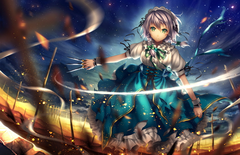 braids, headdress, touhou, green, izayoi, 720P, sakuya, knife, eyes, tidsean