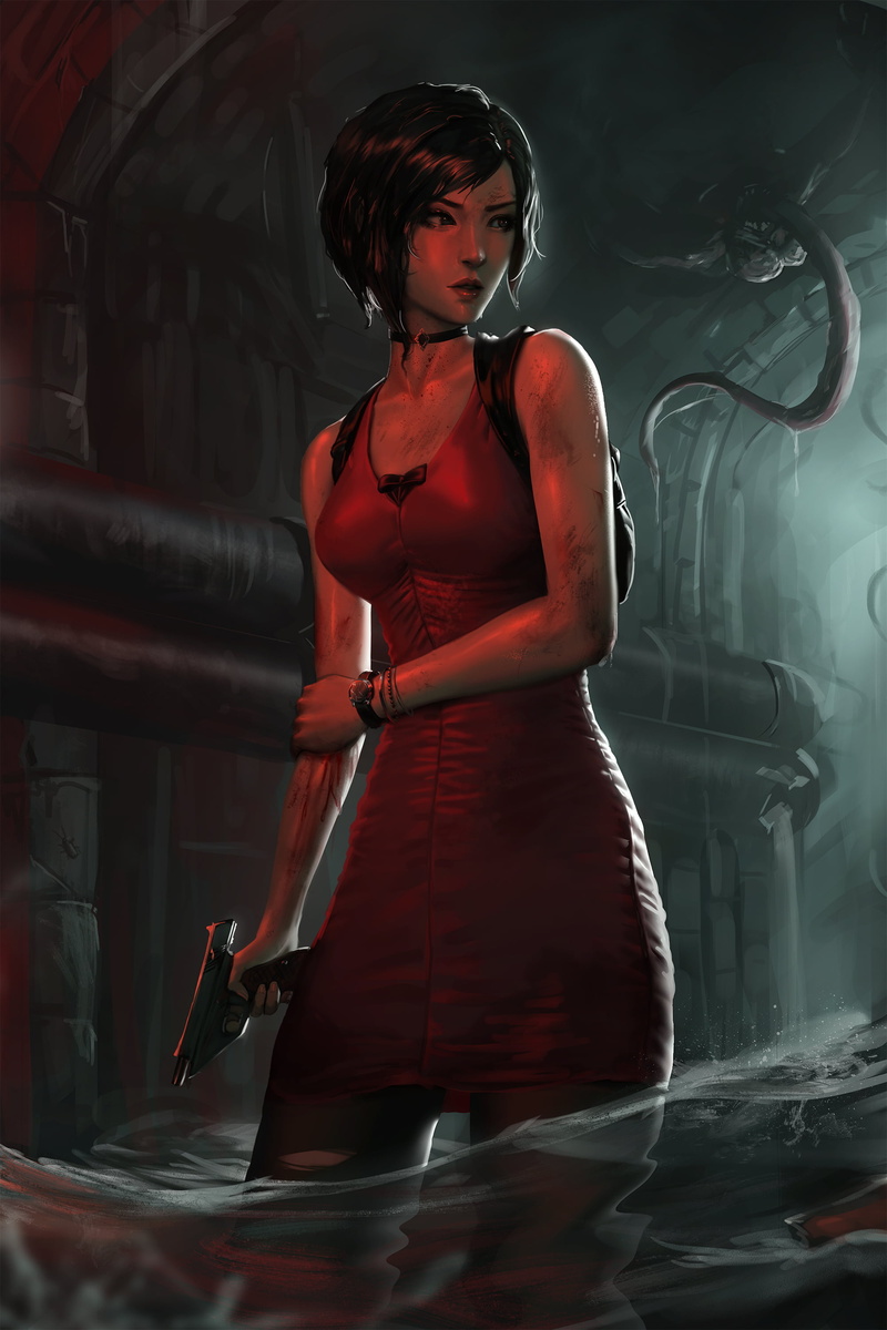 2K, women, video game girls, portrait, Ada Wong, artwork, portrait display, red dress, video games, gun, digital art, girls with guns, Resident Evil 2