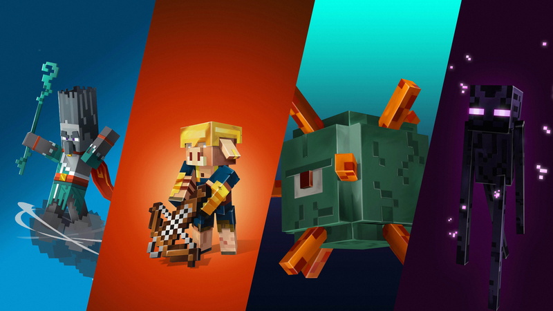 Minecraft Dungeons, Minecraft, Wind Caller (Minecraft Dungeons), Guardian (Minecraft), Enderman (Minecraft), Piglin (Minecraft), 4K, 4K