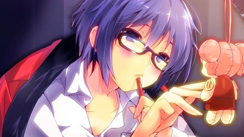 photoshop, glasses, purple hair, 720P, minecraft, eyes, blush, hair, purple, hd, hot, art, x, anime, scarf, meganekko, enderman