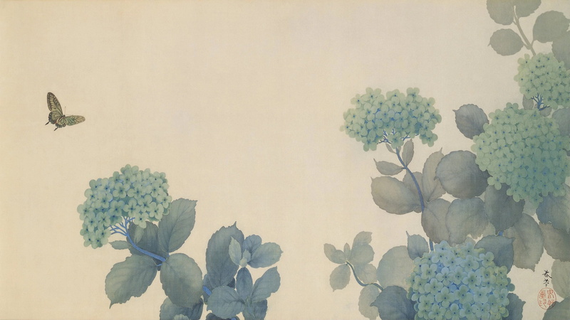 showa, hishida shunso, Japanese Art, vintage, nature, flowers, plants, butterfly, 2K, Asia, taisho, hydrangea, artwork, meiji, nihonga, Japan