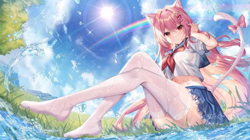 5K, Damphir, Sailor suit, White silk stockings, animal ears