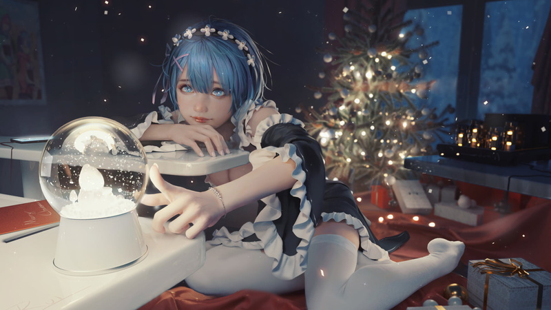 White silk stockings, blue hair, maid outfit, 1080P