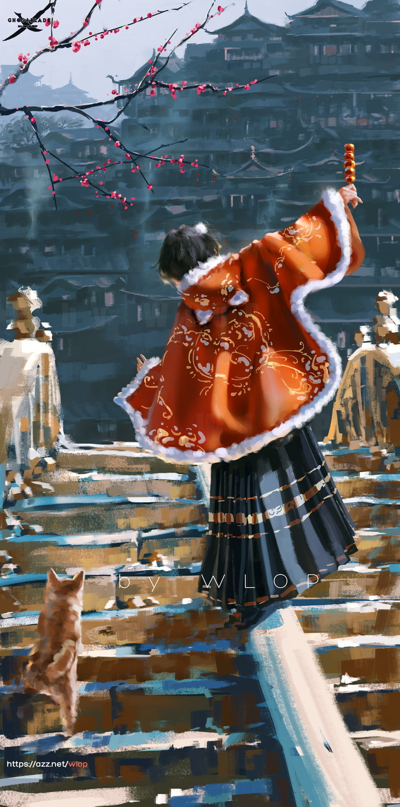 anime girls, 1080P, Spring Festival, Chinese dress, WLOP, snow