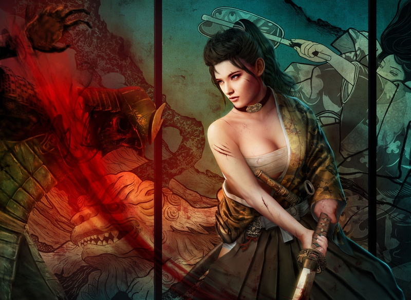 fantasy, katana, women, warriors, females, sword, weapons, brunettes, cleavge, girls, 1080P