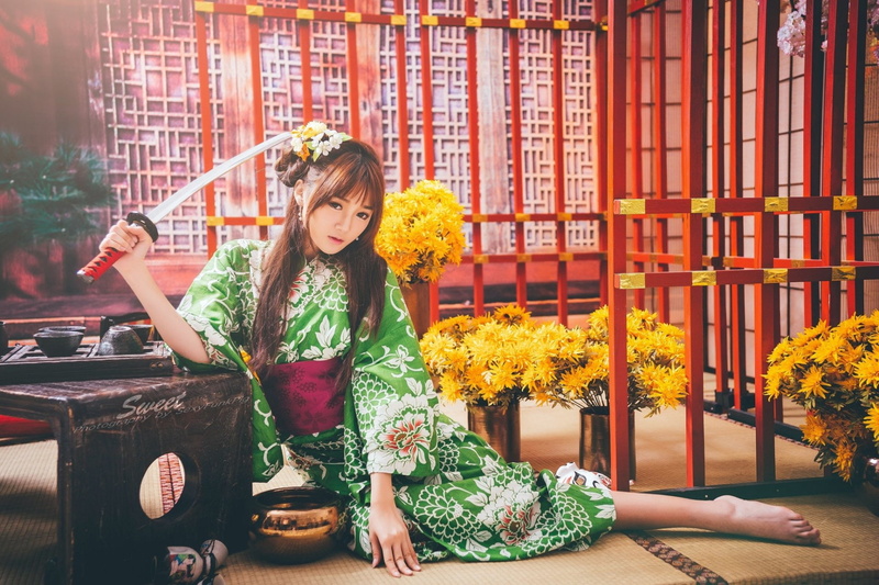 Yellow Flower, Asian, Women, Model, 1080P, Sword, Oriental, Woman, Brunette, Long Hair, Girl, Kimono