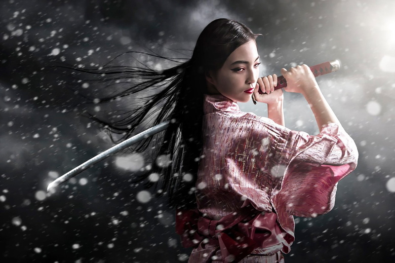 Sword, adult, women, young adult, holding, Samurai, focus on foreground, young women, hair, one person, snow, lifestyles, beauty, waist up, nature, beautiful woman