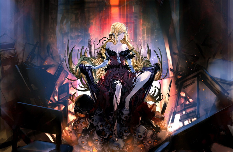 1080P, bakemonogatari, dark, throne, gothic, vampire, anime, loli, skull, girls, fantasy