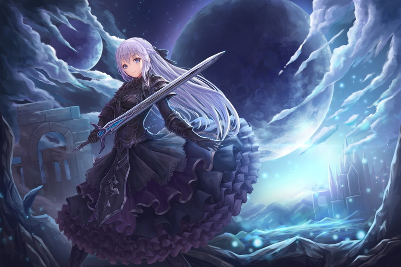 smiling, fantasy world, black dress, moon, silver hair, anime girl, gothic, sword, Anime, 720P