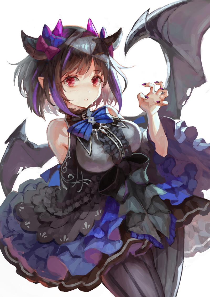 2D, red eyes, blushing, gothic lolita, drawing, painted nails, anime, 1080P, demon girls, hair bows, original characters, digital painting, dark hair