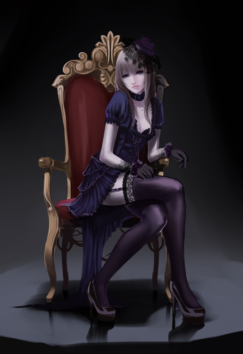gothic anime girl, studio shot, throne, full length, women, chair, luxury, glamour, indoors, sitting, beauty, stiletto, fashion, young adult, Anime, 2K