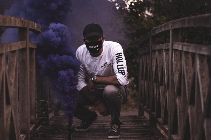human, sunglasses, 5K, fog, man, clothing, mask, young men, glasses, young adult, outdoors, person, standing, leisure activity, style, bench, tree, smog