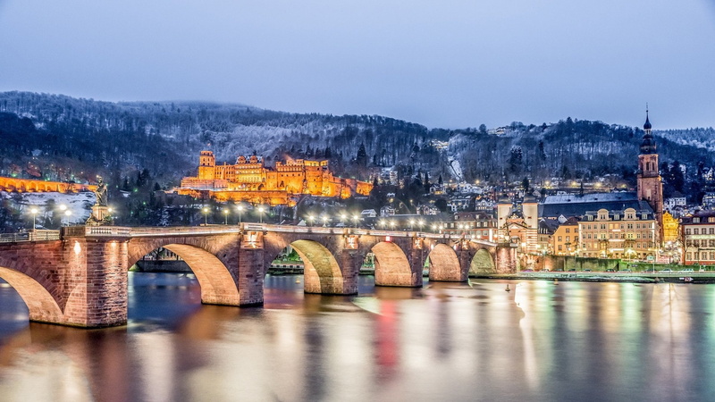 Night, Light, Germany, Winter, Castle, Castles, 1080P, River, Bridge, Heidelberg Castle