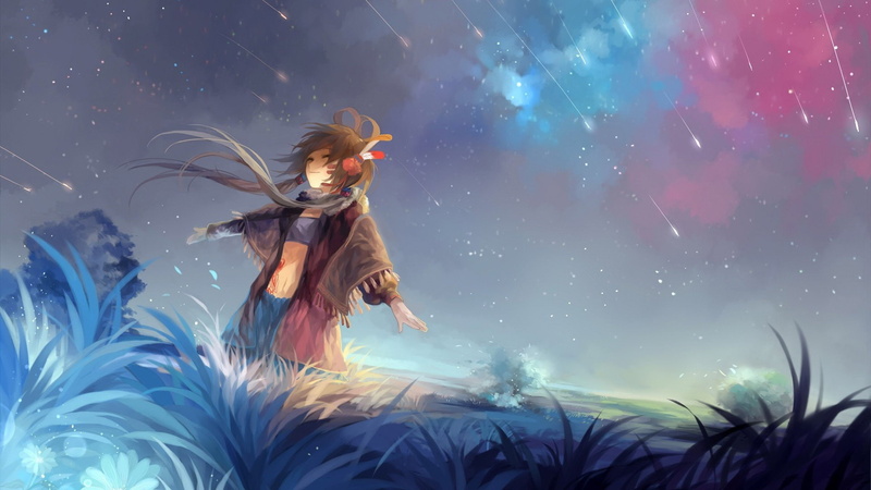 1080P, anime, vocaloid, stars, headphones, sky, music, universe, children