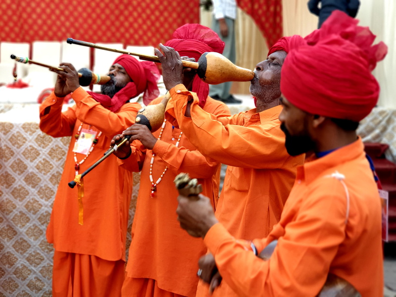 occupation, musical, uniform, musicians, orange color, group, tradition, wear, 4K, performance, four, indian culture, architecture, standing, day, focus on foreground