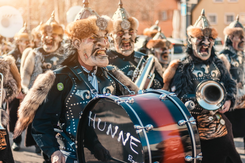 costume, celebrate, outdoors, helmet, people, musician, carnival, music band, adult, human, percussion, smiling, outside, real people, drum, 5K, day, transportation