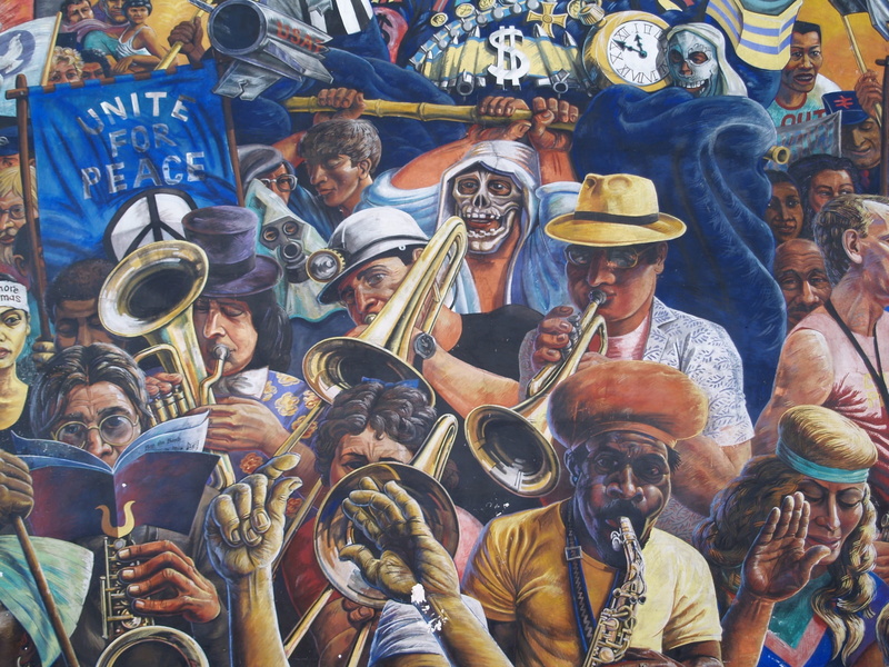 crowd, Painting, Jazz, peace, musical instrument, real people, large group of people, arts culture and entertainment, Wall, clothing, city, architecture